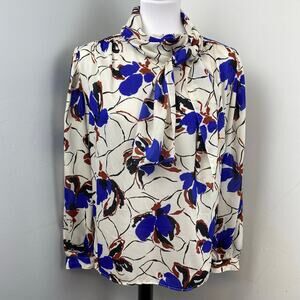 Vintage Campus Casuals Abstract Floral Long Sleeve Pussybow Blouse Medium